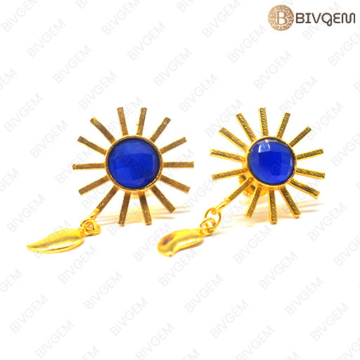 Blue Yellow Drusy Gemstone with Brass Metal Flower Design Women Earring Sets