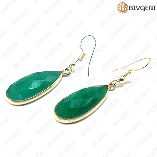 Green Jade Oval Shape Diamond Cut Gemstone with German Silver Earring Sets