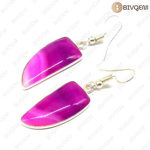 Pink Agate Moon Shape Gemstone with German Silver Earring Sets